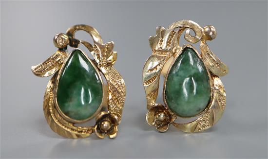 A pair of Eastern gold and jade ear studs